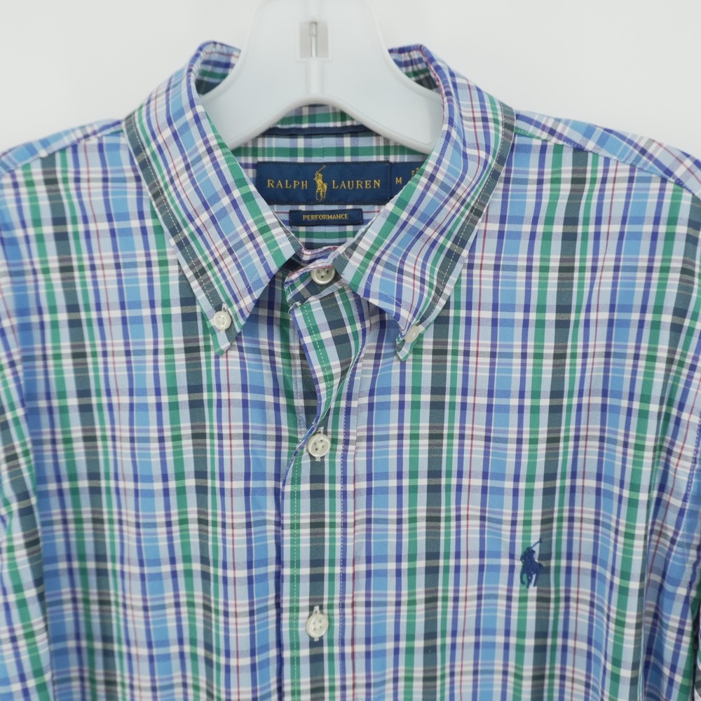 Ralph Lauren Button Down Shirt Mens M Blue Green Plaid Performance Long Sleeve